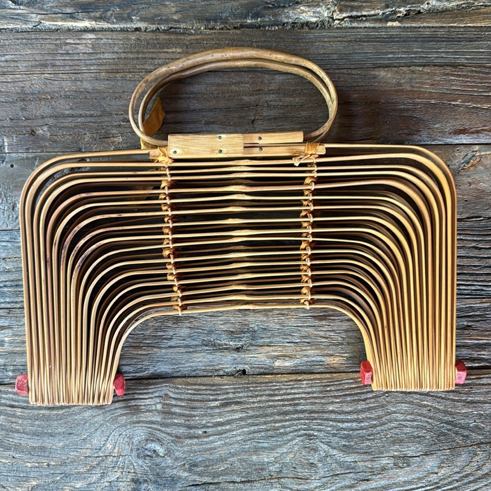 Vintage 1960’s bamboo large folding purse tote basket EVC - Picture 13 of 15